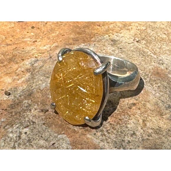 Gold Rutile Quartz Princess Ring Handmade Heavy Sterling 925 Silver US Size 7.5 - Picture 6 of 9